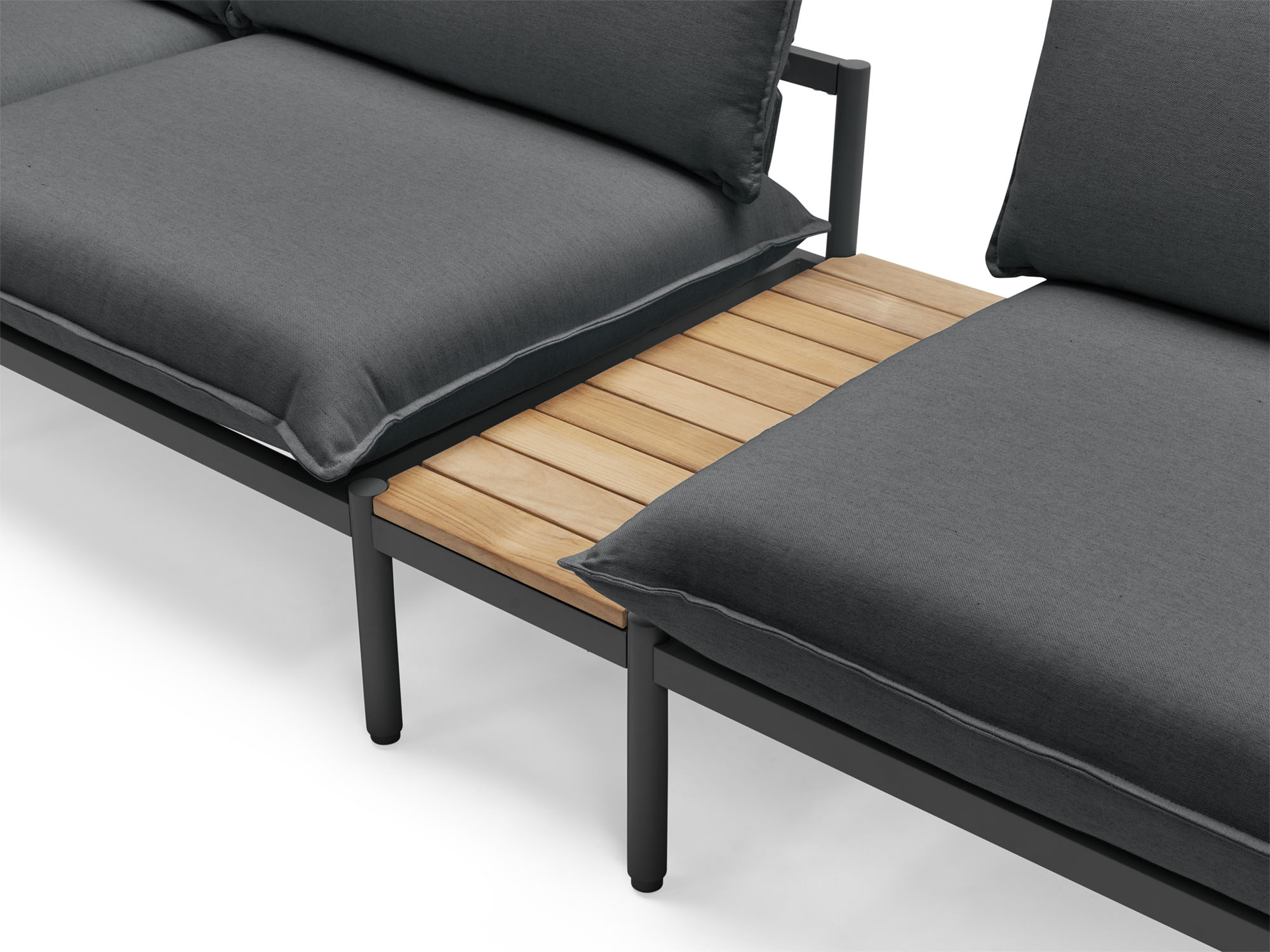 Front angle view of wood and black small outdoor end table